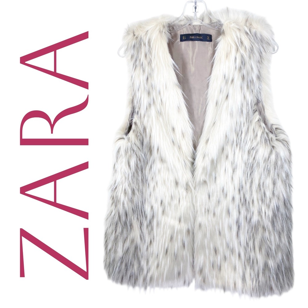 Zara Basic Snow Leopard Faux Fur Vest‎ Long Hair Ivory Gray Winter Glam Size L
